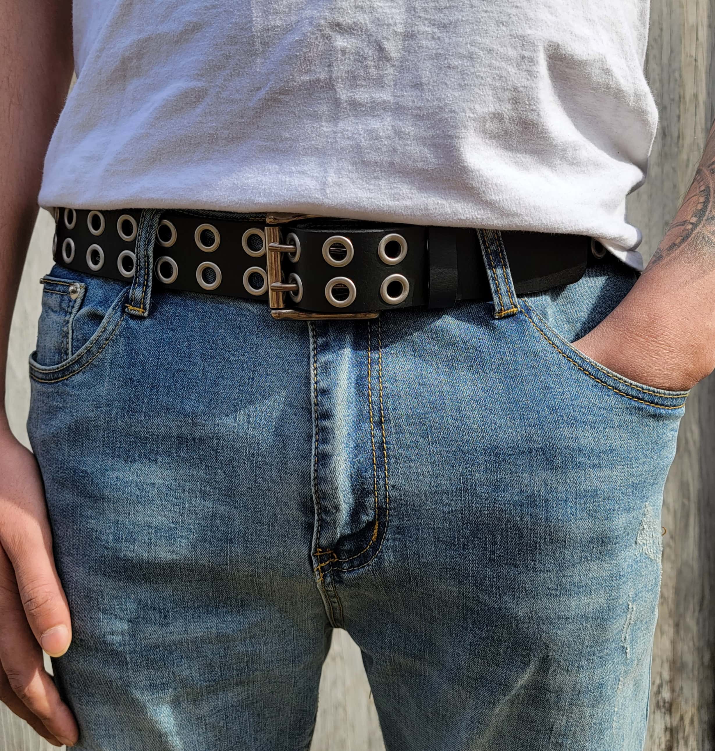 The Brixton Belt - Black Double Grommet 100 % Full Grain Leather Belt 6