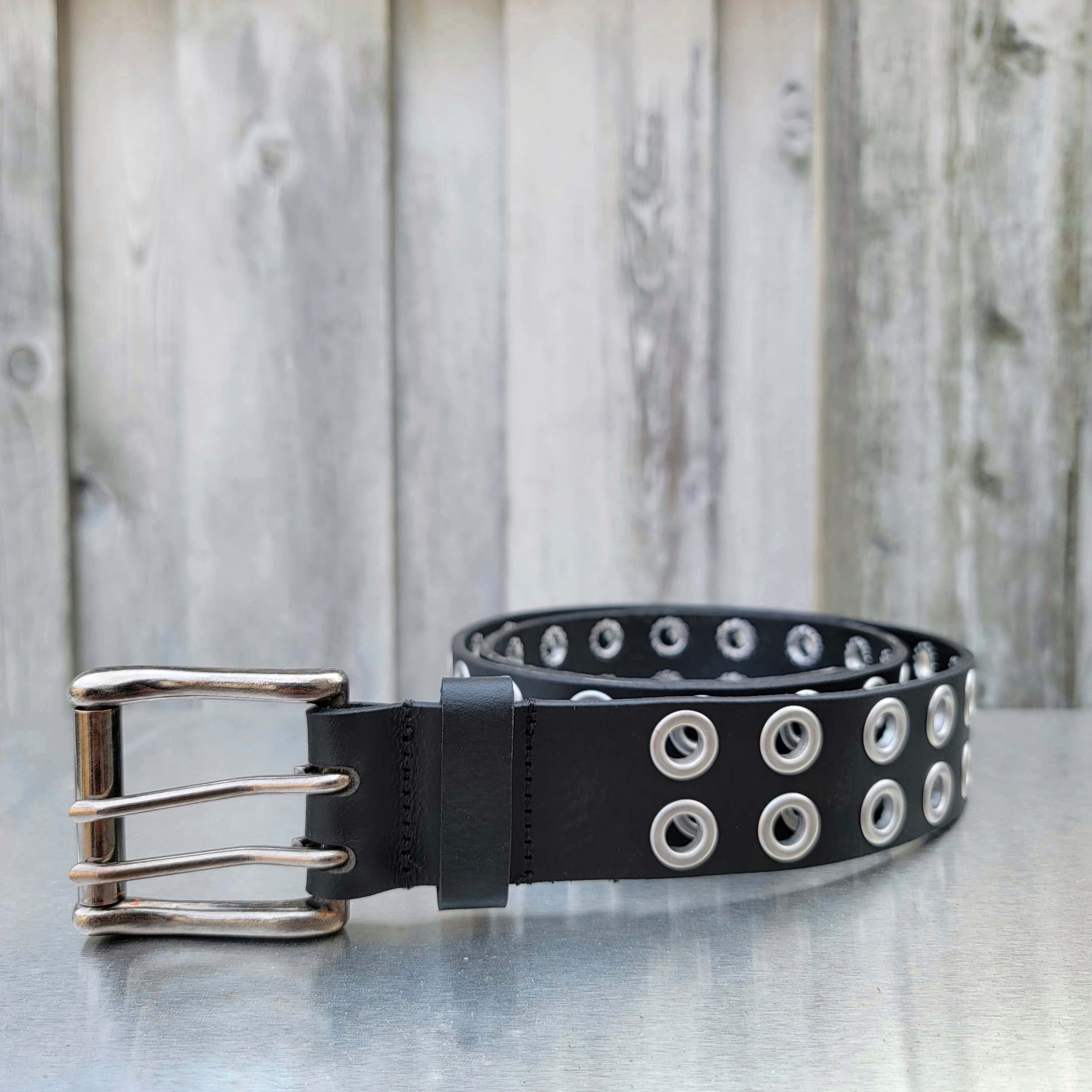 The Brixton Belt - Black Double Grommet 100 % Full Grain Leather Belt 5