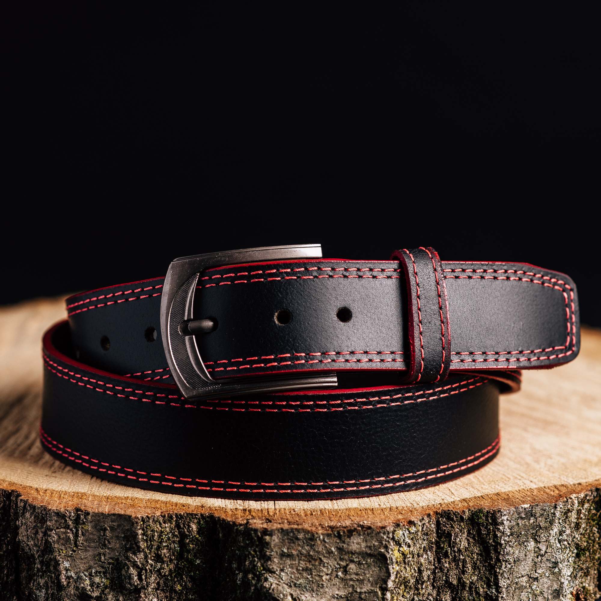 The Diablo Belt - Black Full Grain Leather Belt with Red Stitches 3