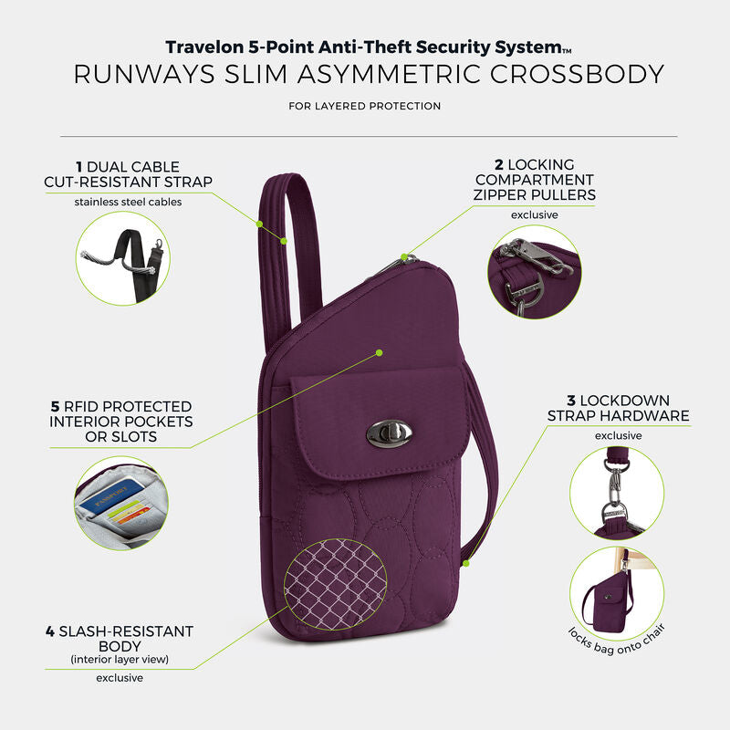 Travelon Runways Sleek Anti-Theft Slim Asymmetric Crossbody 22