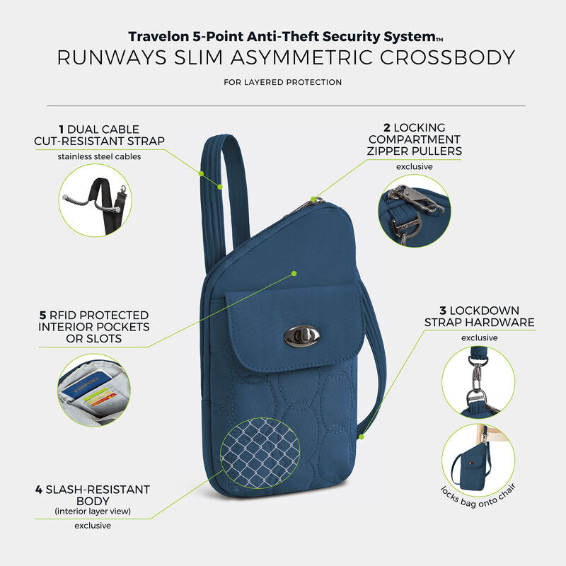 Travelon Runways Sleek Anti-Theft Slim Asymmetric Crossbody 38
