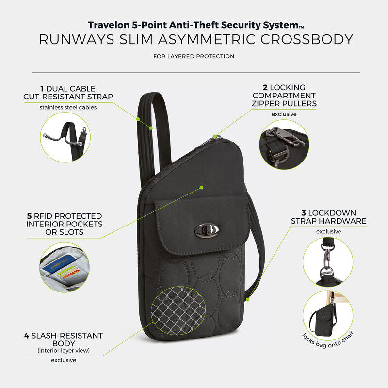 Travelon Runways Sleek Anti-Theft Slim Asymmetric Crossbody 55