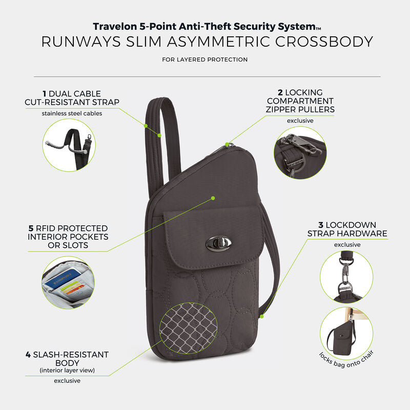 Travelon Runways Sleek Anti-Theft Slim Asymmetric Crossbody 74