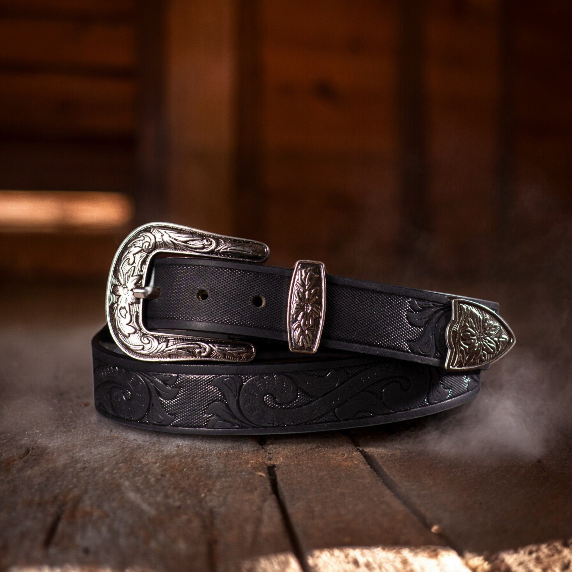 Western Black Hand-tooled Full-Grain Leather Belt 3