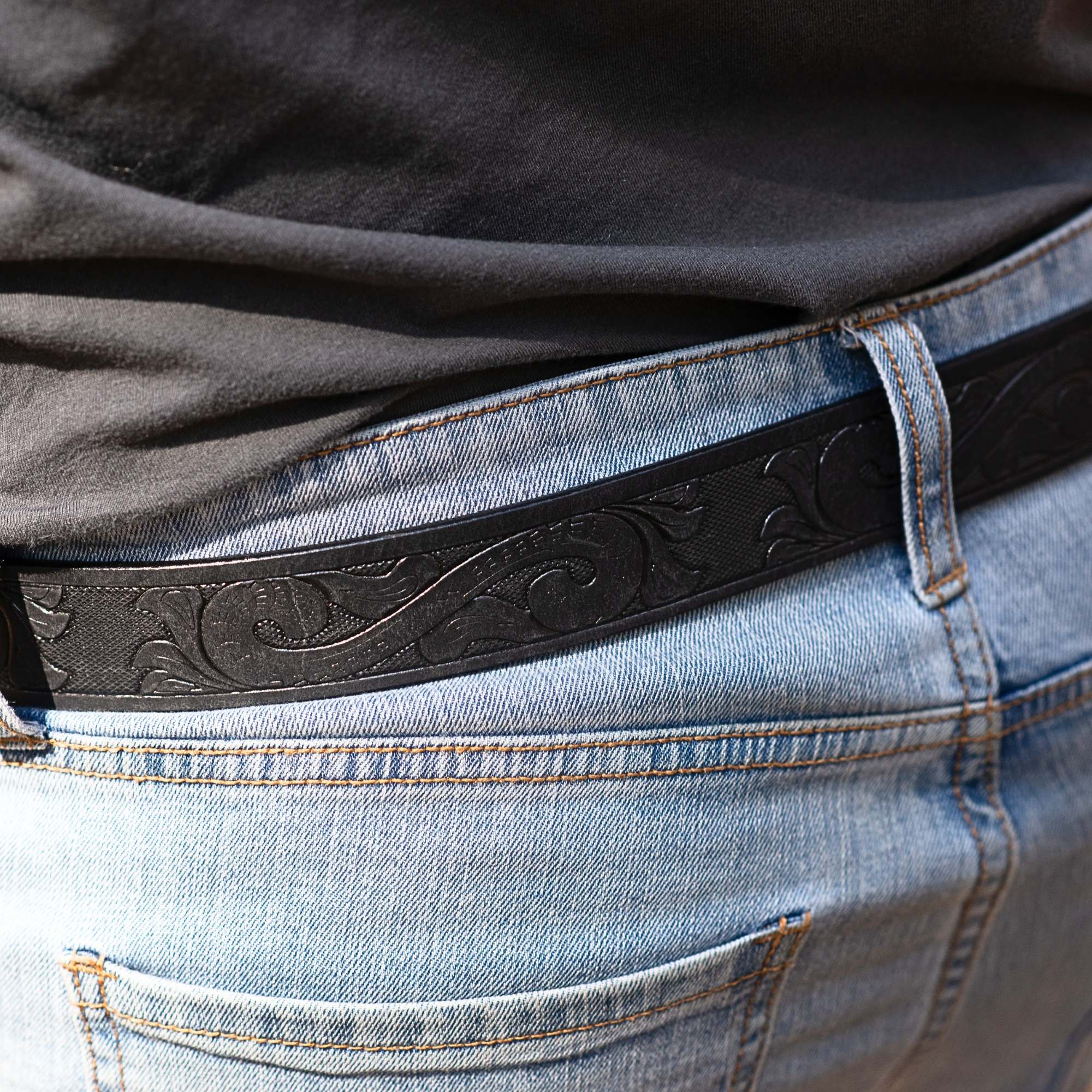 Western Black Hand-tooled Full-Grain Leather Belt 4