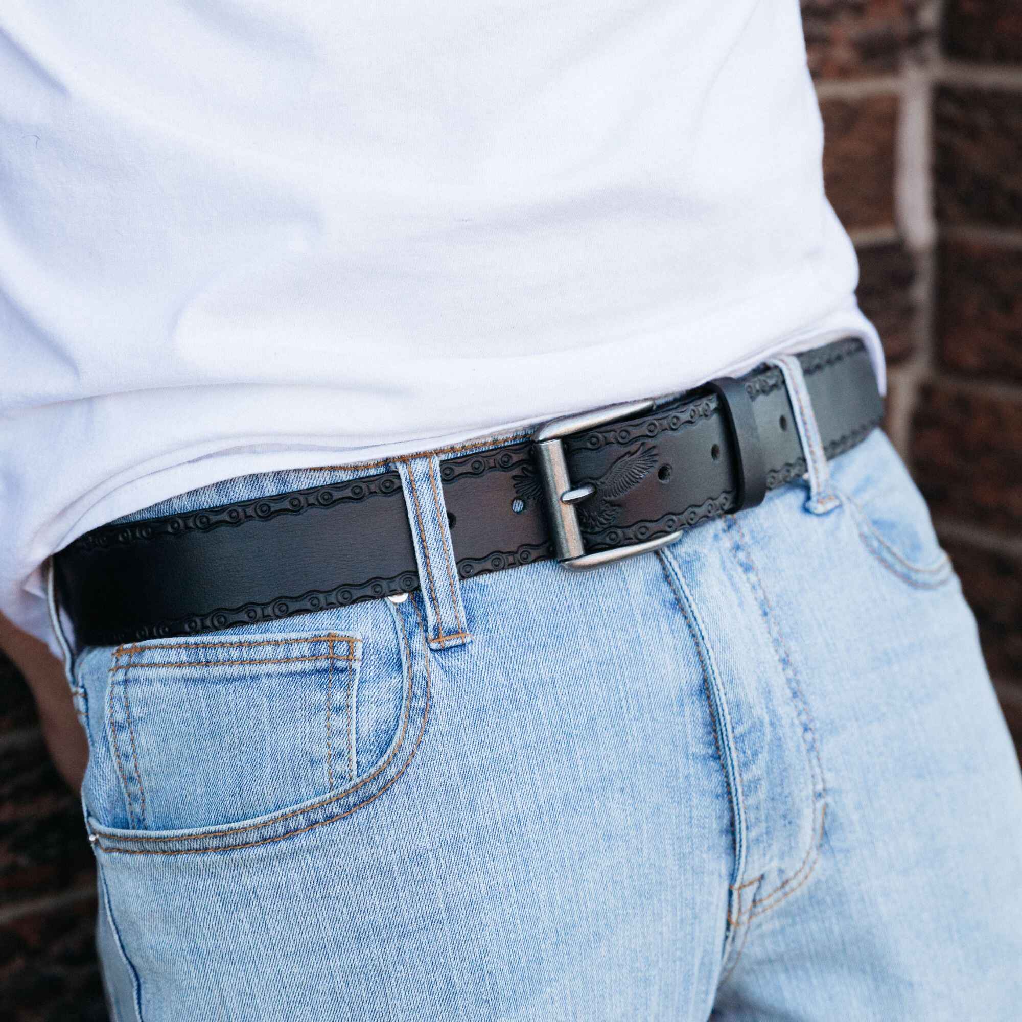 Ceinture Eagle Belt - Ceinture en cuir véritable 100% noir à maillons en relief 