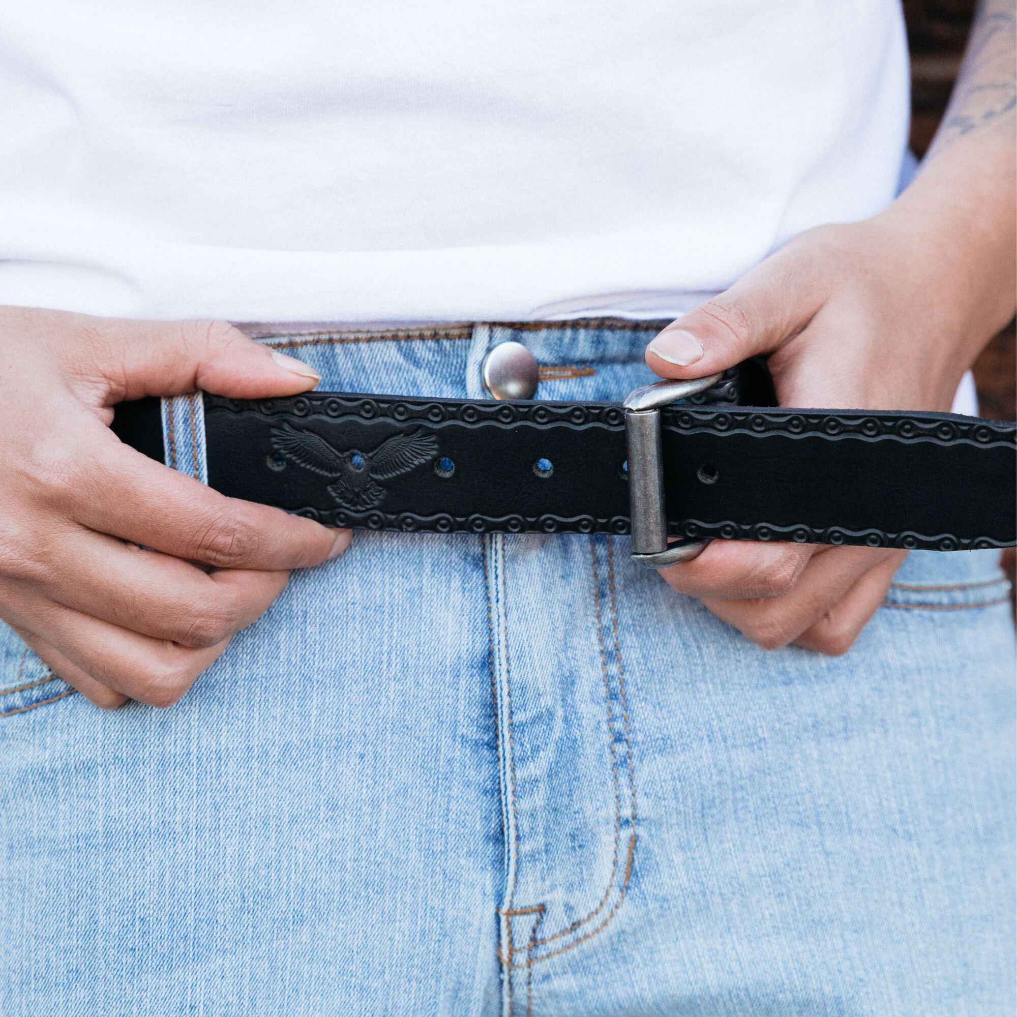 Ceinture Eagle Belt - Ceinture en cuir véritable 100% noir à maillons en relief  3
