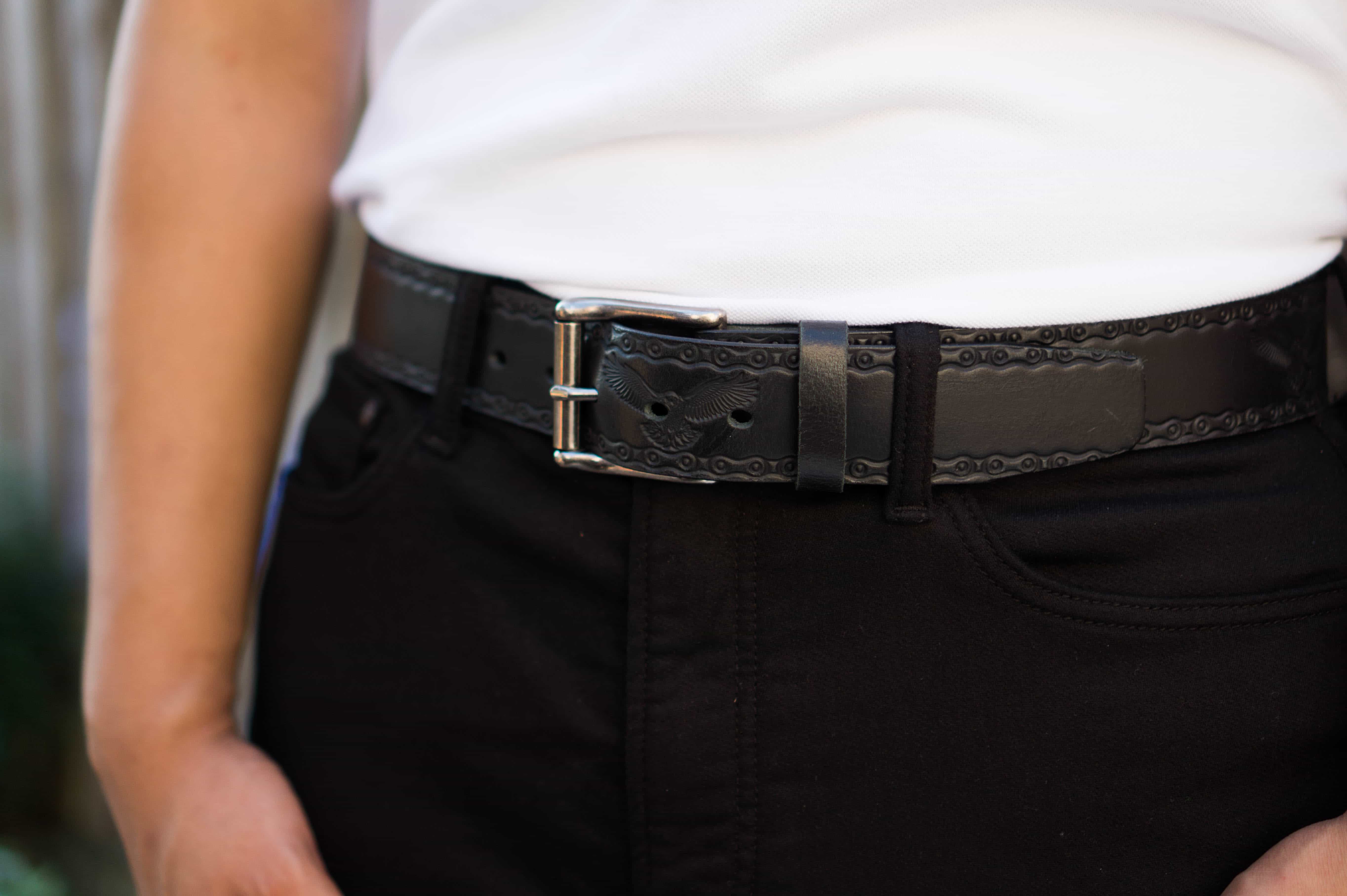 Ceinture Eagle Belt - Ceinture en cuir véritable 100% noir à maillons en relief  12