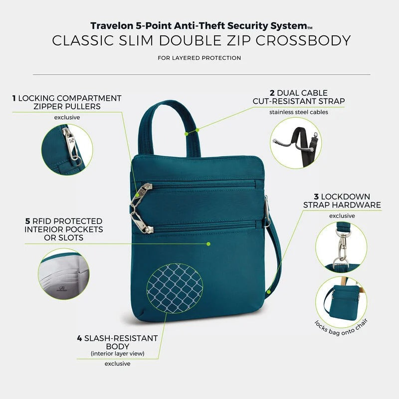 Travelon Anti-Theft Classic Slim Double Zip Crossbody 32