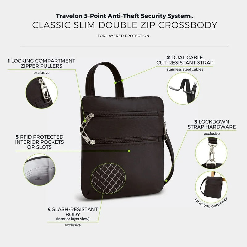Travelon Anti-Theft Classic Slim Double Zip Crossbody 86