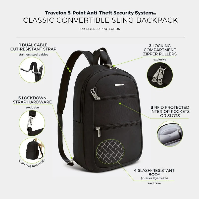 Travelon Anti-Theft Classic Convertible Sling Backpack 24