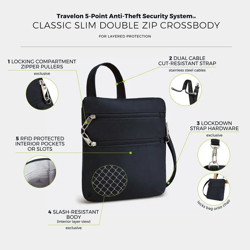 Travelon Anti-Theft Classic Slim Double Zip Crossbody 68