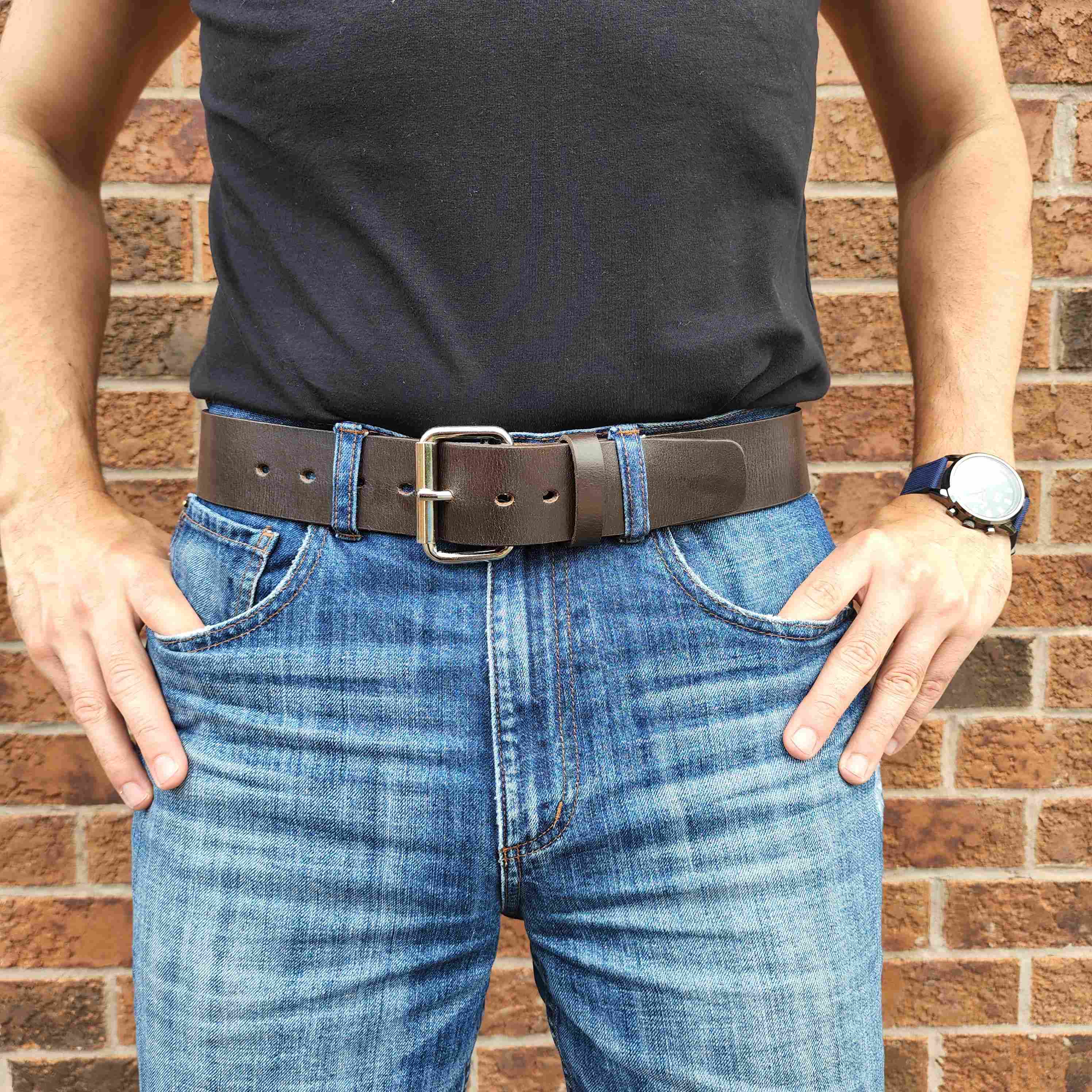 Ceinture en cuir de bride pleine fleur 100 % noir, 45 mm, idéale pour les jeans.  4